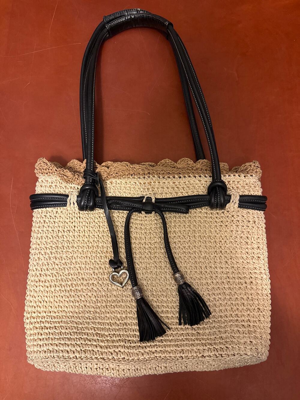Brighton Cream Woven Straw Tote Bag with Black Leather Handles Heart Charm